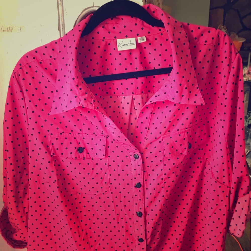 Pink and black polka dot blouse